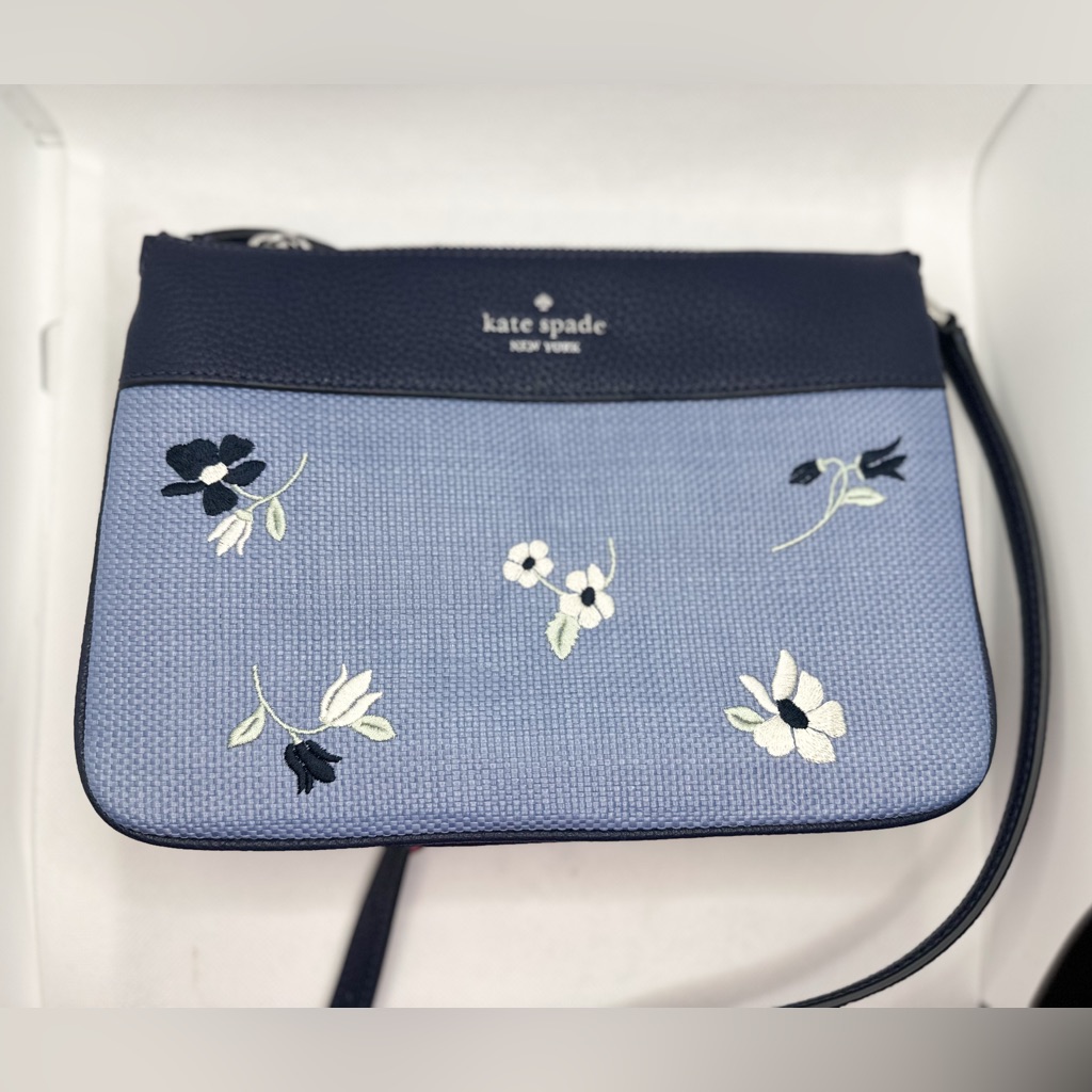 Kate Spade New York Leila Blue Embroidered Floral Triple Gusset Crossbody Bag